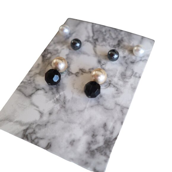 Faux Pearl & Black Bead Stud Earring Set Of 3 Pairs For Women - Picture 2 of 3